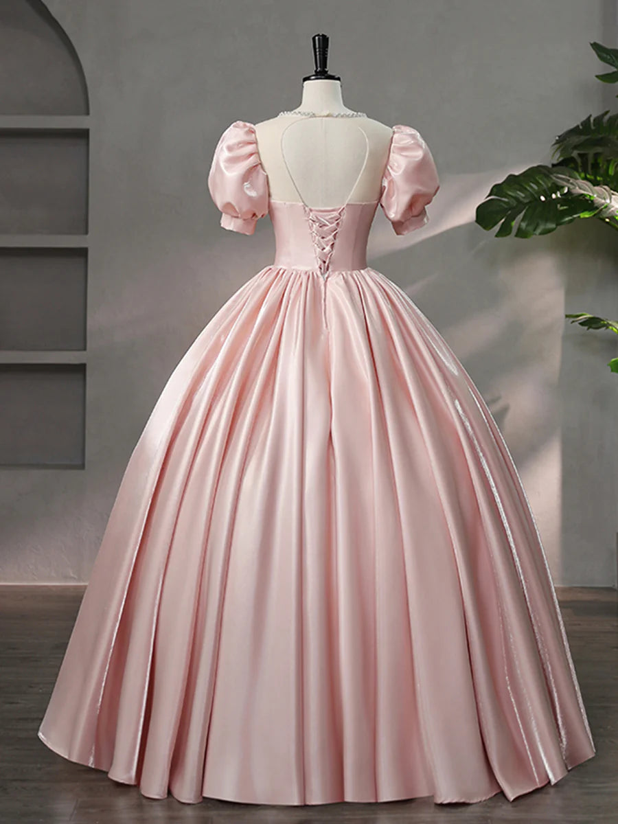 Pretty Pink Satin Scoop Neck Floor Length Prom Dress A-Line Short Sleeve Princess Evening Dress With Bow