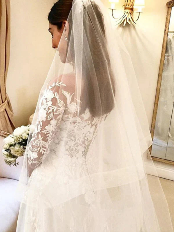 Illusion Crew Neckline Long Sleeve Applique A Line Wedding Dresses