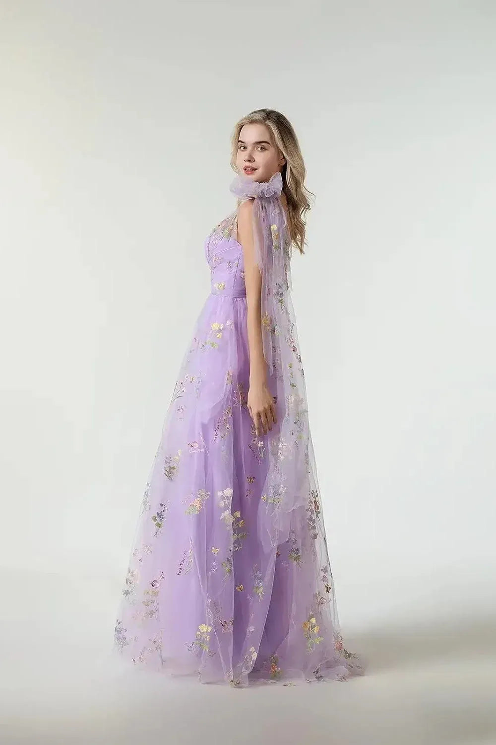 Whimsical A-Line One-Shoulder Floral-Embroidered Lilac Floor-Length Prom Dress