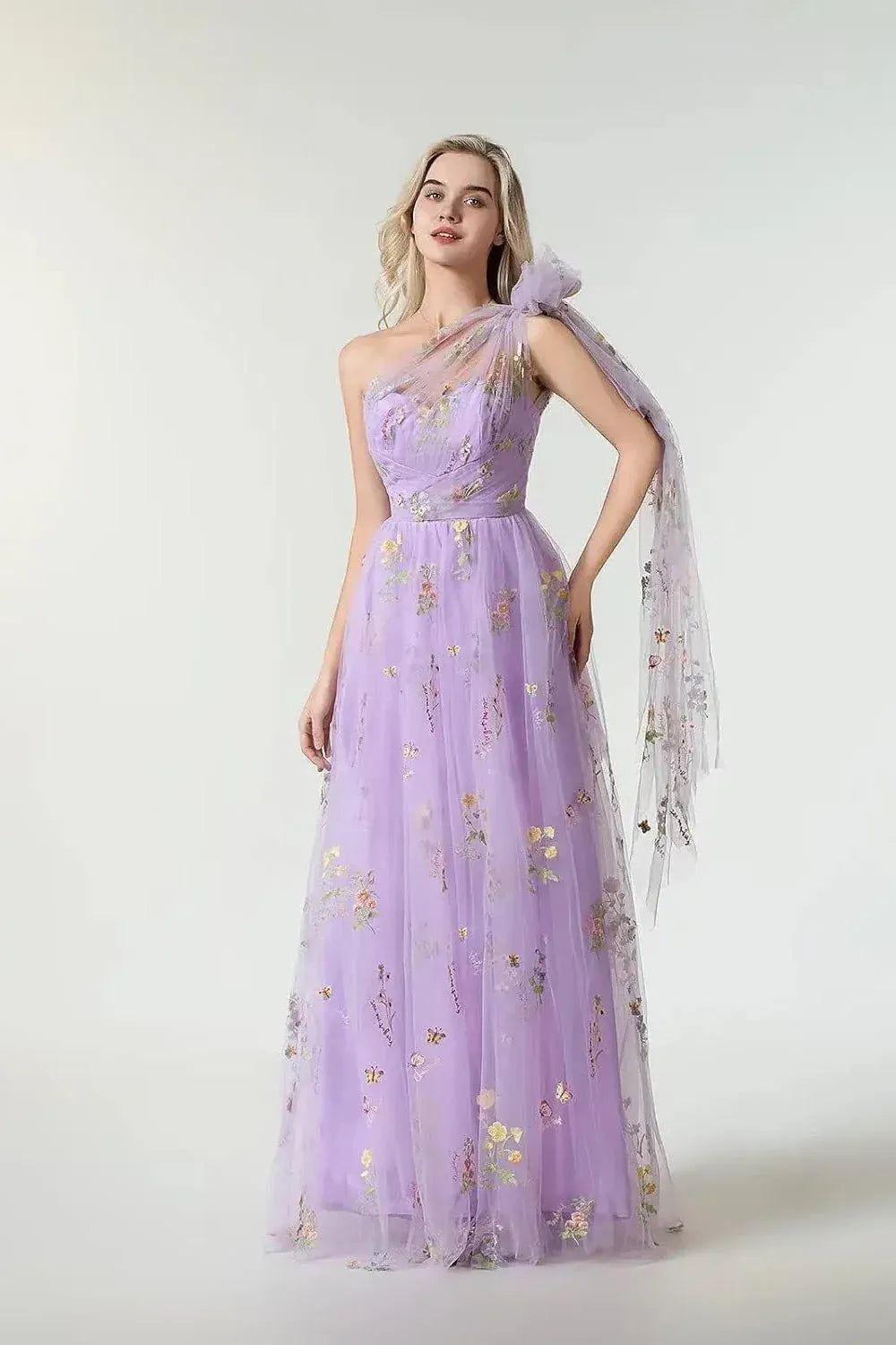 Whimsical A-Line One-Shoulder Floral-Embroidered Lilac Floor-Length Prom Dress