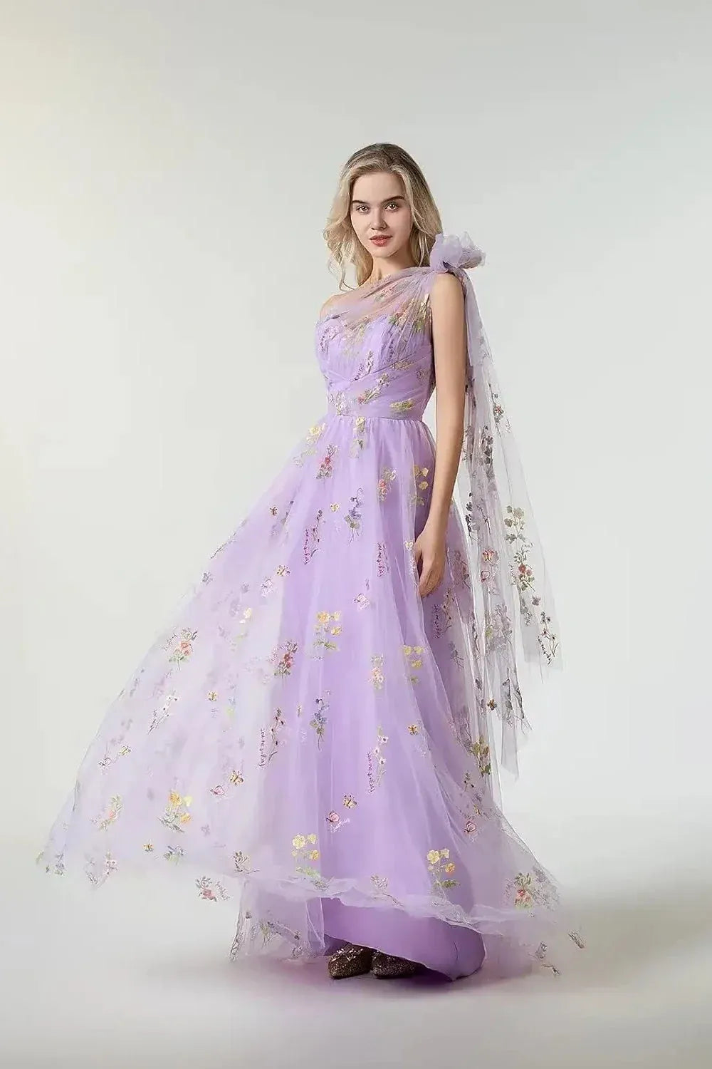 Whimsical A-Line One-Shoulder Floral-Embroidered Lilac Floor-Length Prom Dress
