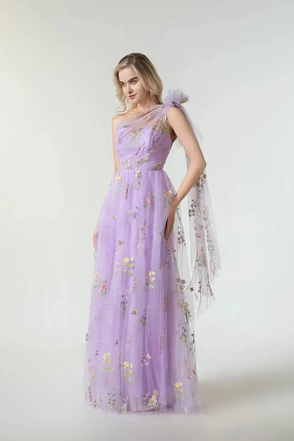 Whimsical A-Line One-Shoulder Floral-Embroidered Lilac Floor-Length Prom Dress