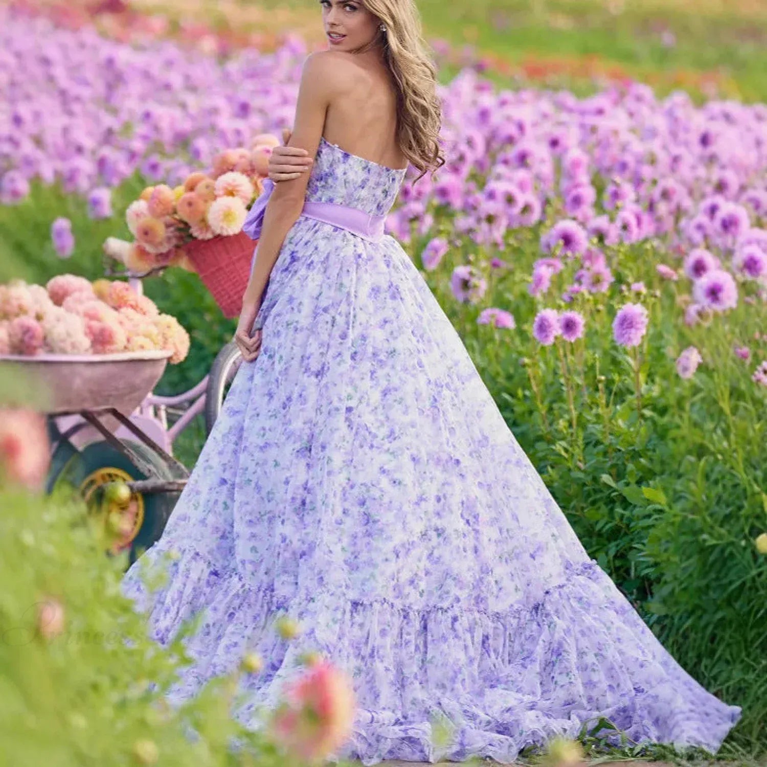 Whimsical A-Line Strapless Floral Print Bow Waist Lavender Floor-Length Prom Dress With Slit