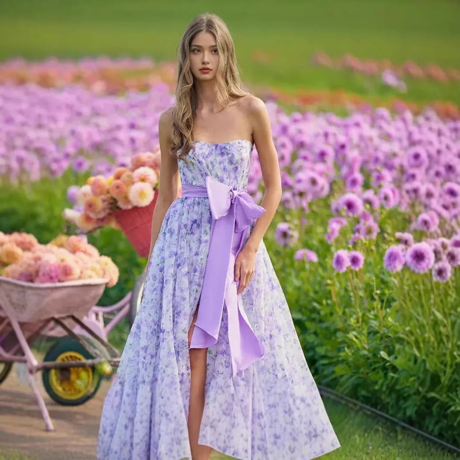 Whimsical A-Line Strapless Floral Print Bow Waist Lavender Floor-Length Prom Dress With Slit