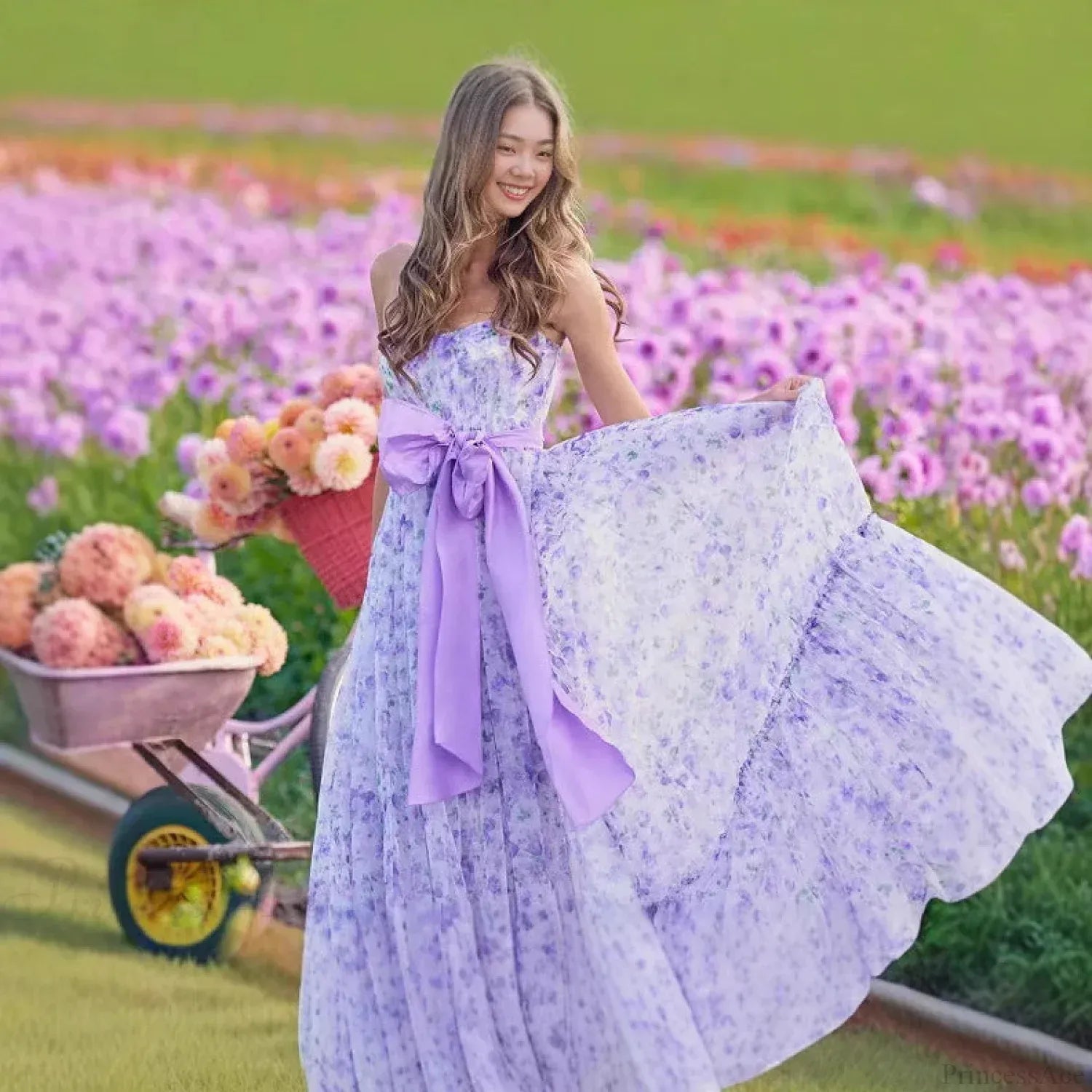 Whimsical A-Line Strapless Floral Print Bow Waist Lavender Floor-Length Prom Dress With Slit