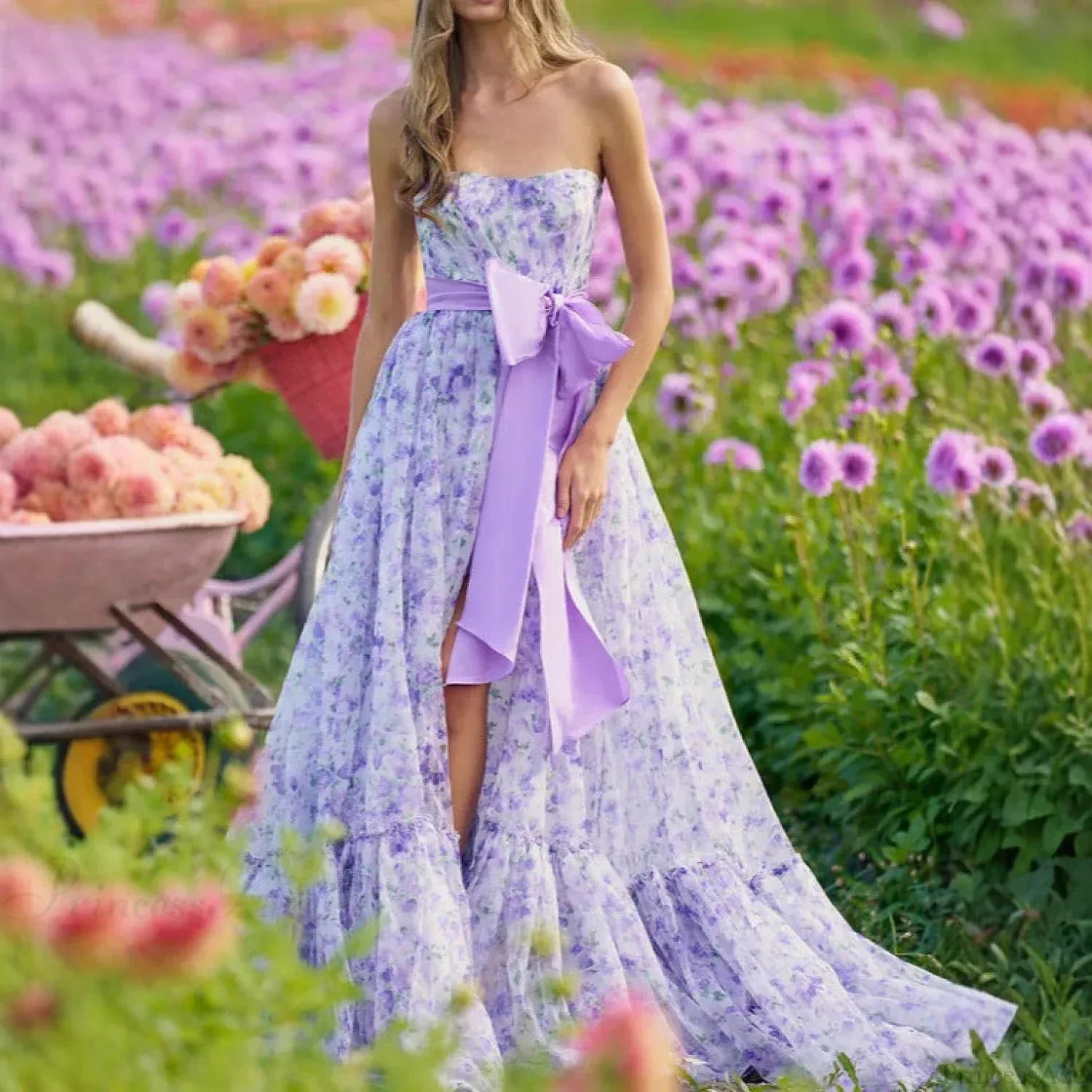 Whimsical A-Line Strapless Floral Print Bow Waist Lavender Floor-Length Prom Dress With Slit