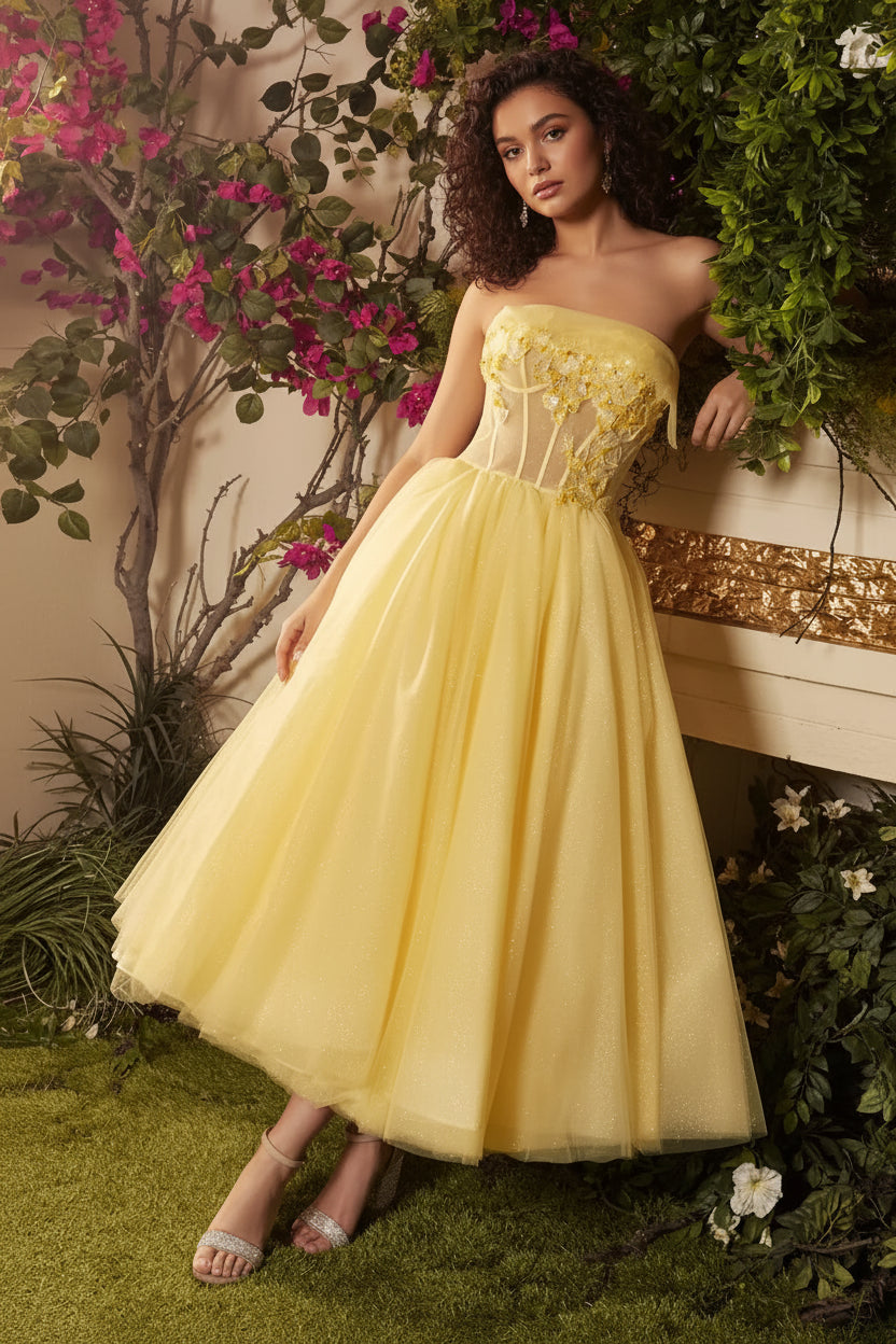 Whimsical A-Line Strapless Glitter Tulle Yellow Tea-Length Prom Dress With Appliques