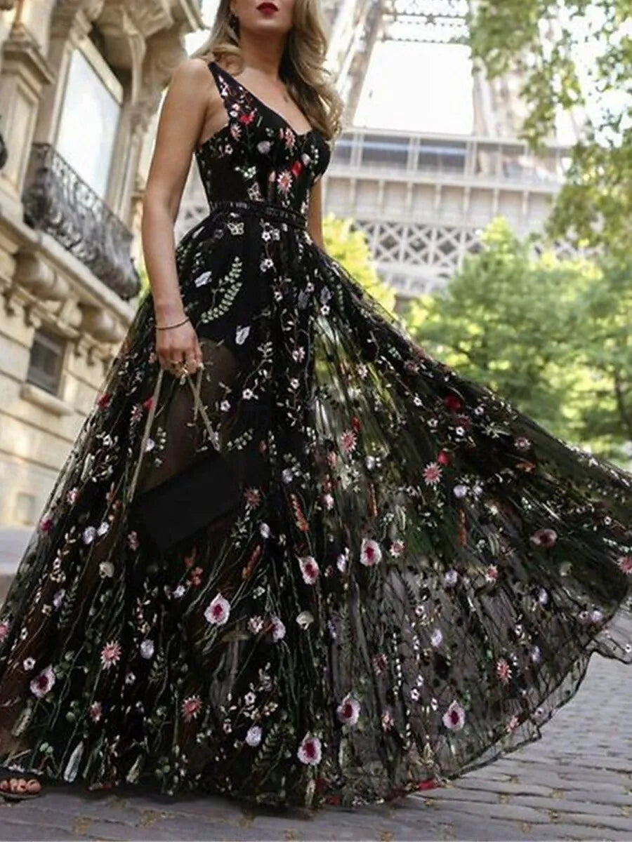 Whimsical A-Line V-Neck Sleeveless Floral Black Maxi Prom Dress for Women Ready to Ship