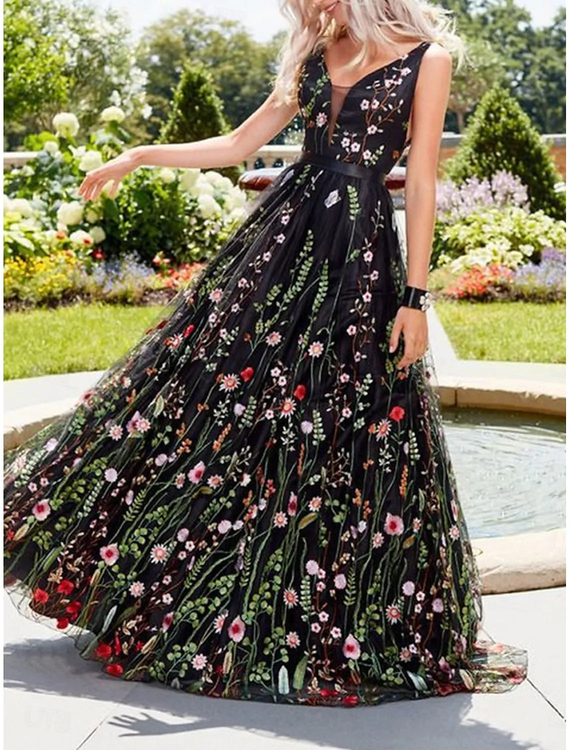 Whimsical A-Line V-Neck Sleeveless Floral Black Maxi Prom Dress for Women Ready to Ship
