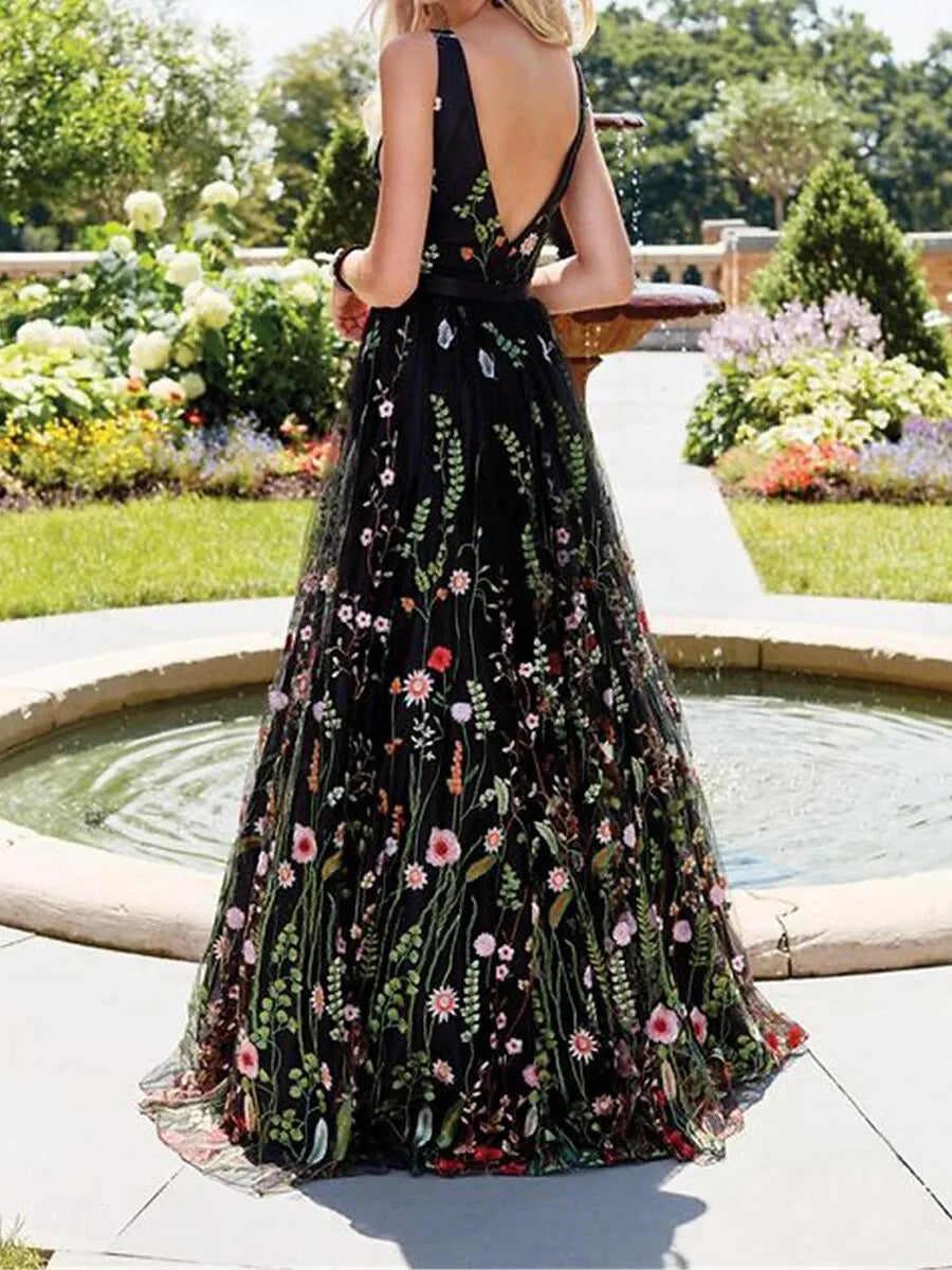 Whimsical A-Line V-Neck Sleeveless Floral Black Maxi Prom Dress for Women Ready to Ship