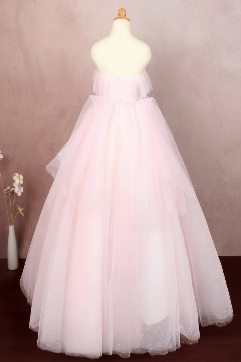 Whimsical Ball Gown Strapless Floral High-waisted Tulle Pink Floor-Length Prom Dress