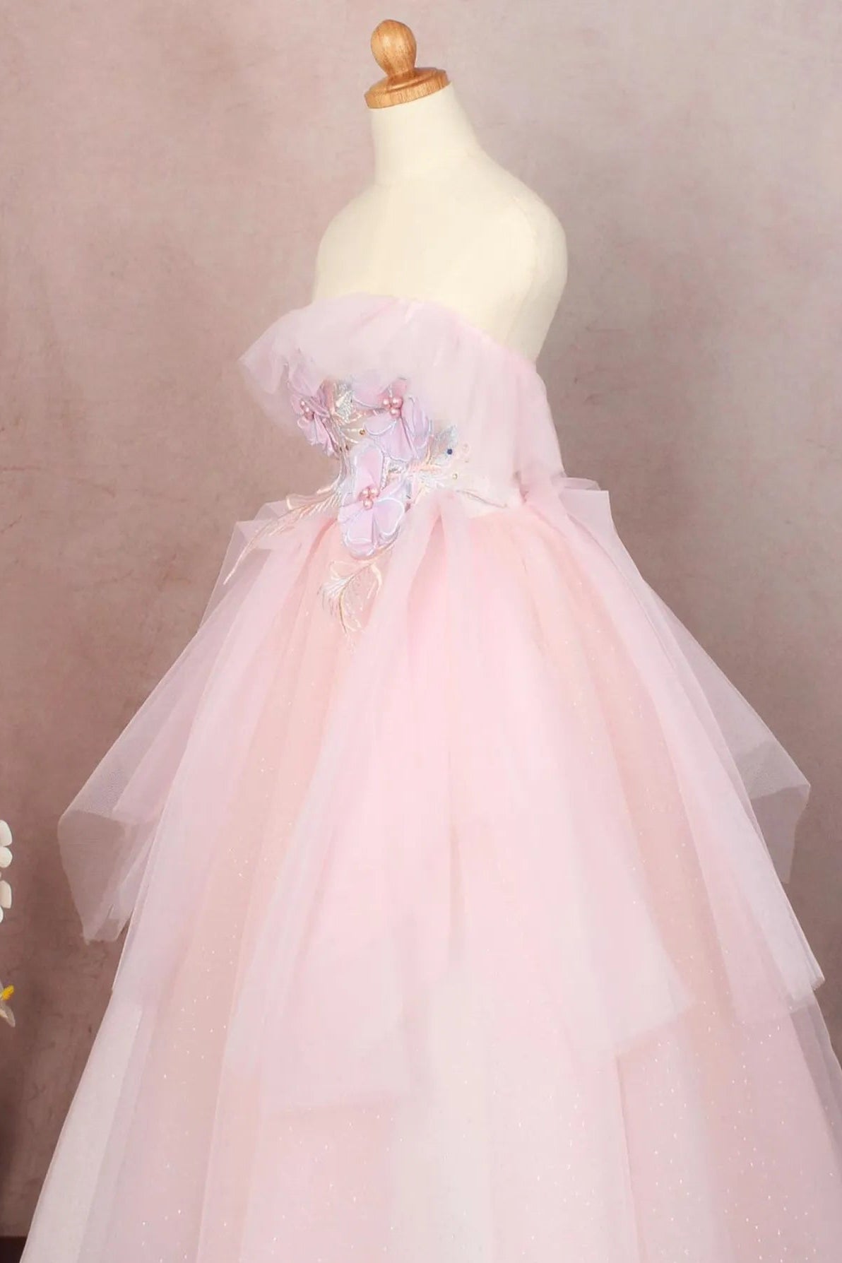 Whimsical Ball Gown Strapless Floral High-waisted Tulle Pink Floor-Length Prom Dress