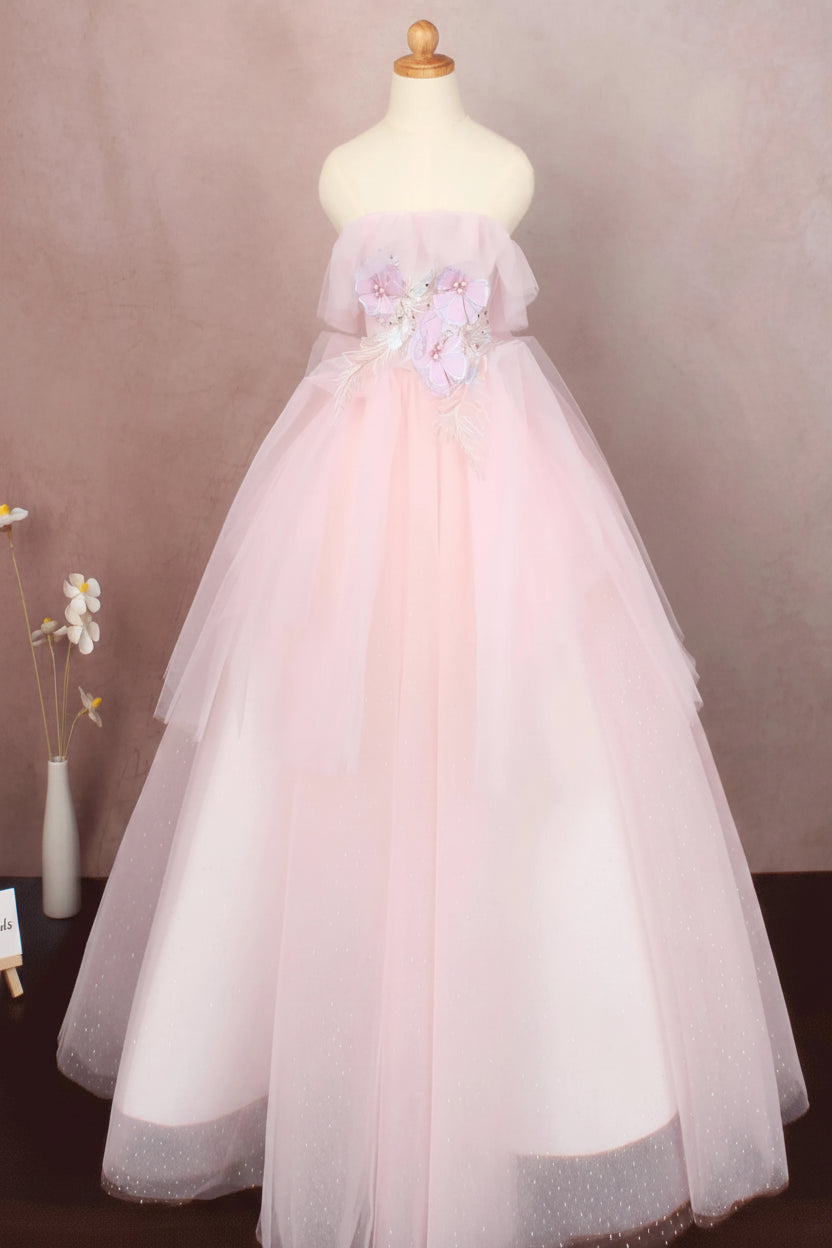 Whimsical Ball Gown Strapless Floral High-waisted Tulle Pink Floor-Length Prom Dress