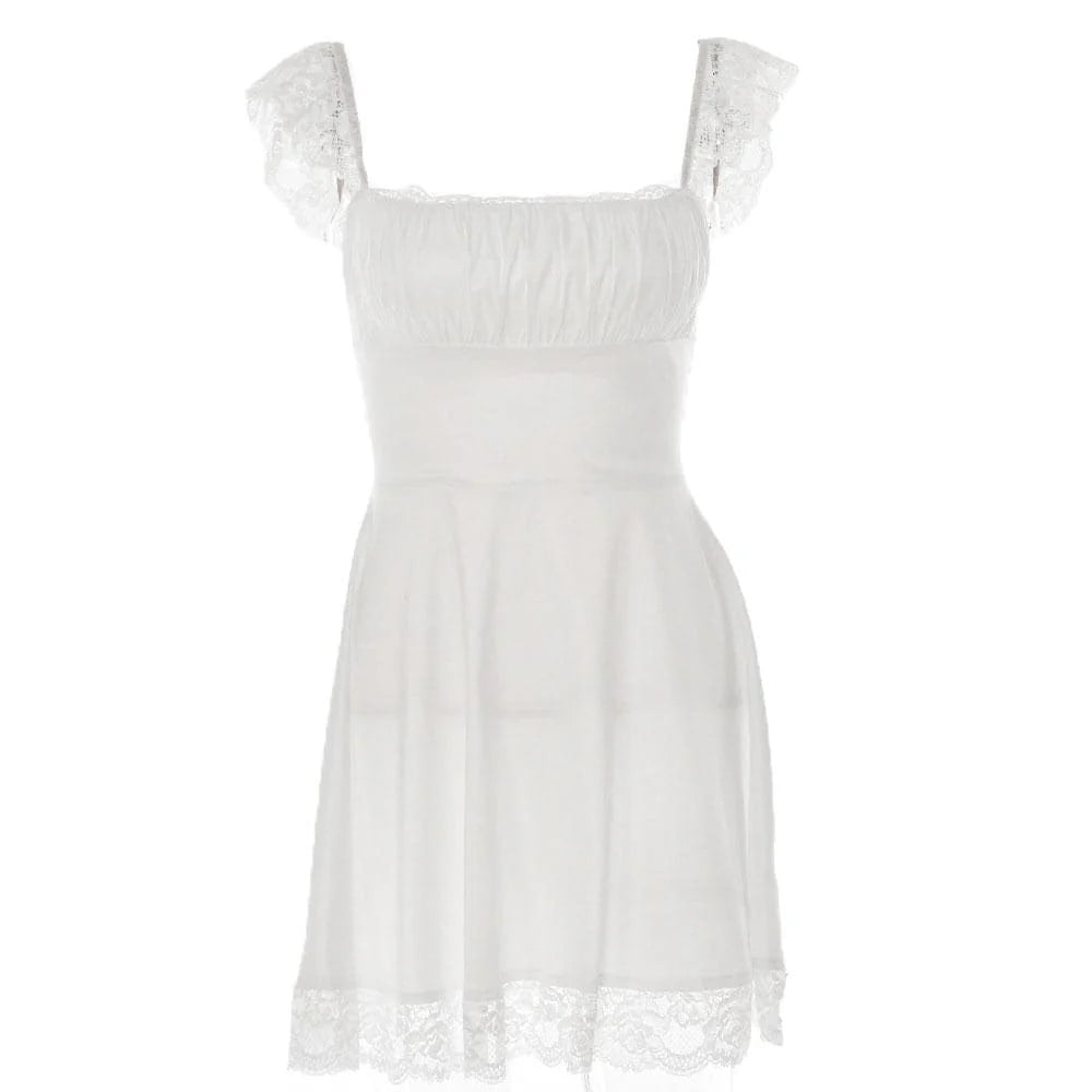 Full length view of the white A-line square neck cap sleeve ruched lace short homecoming dress.