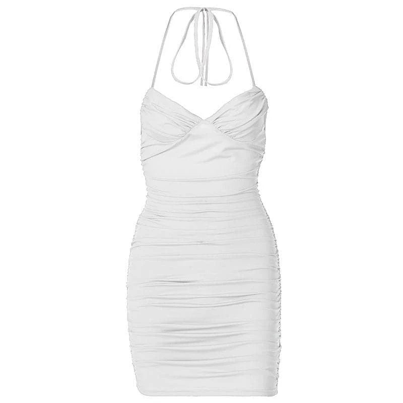 Close-up of the ruched detail on a white bodycon mini dress.