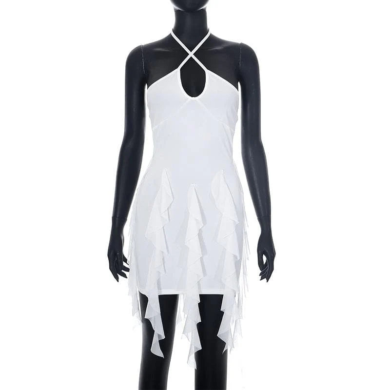 Back view of the white halter ruffled bodycon mini dress, showing the criss-cross strap design.