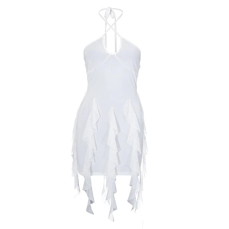 Full view of a woman posing in the white halter ruffled bodycon mini homecoming dress.
