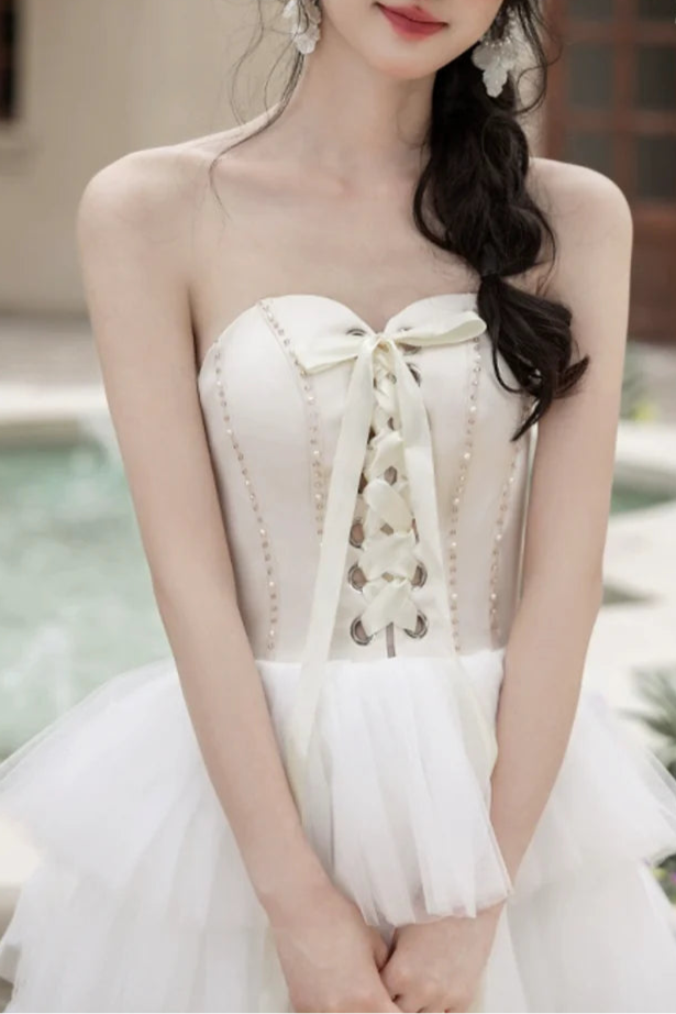 White A-Line High Low Lace-up Prom Dress Beautiful A-Line Strapless Party Dress With Train