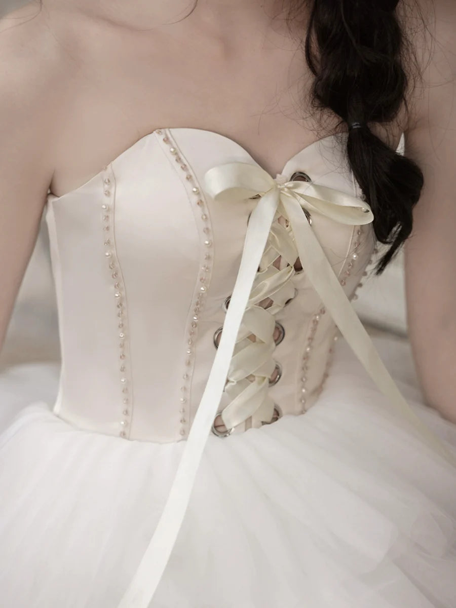 White A-Line High Low Lace-up Prom Dress Beautiful A-Line Strapless Party Dress With Train