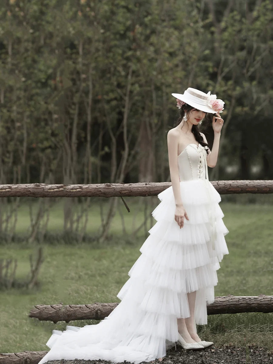 White A-Line High Low Lace-up Prom Dress Beautiful A-Line Strapless Party Dress With Train