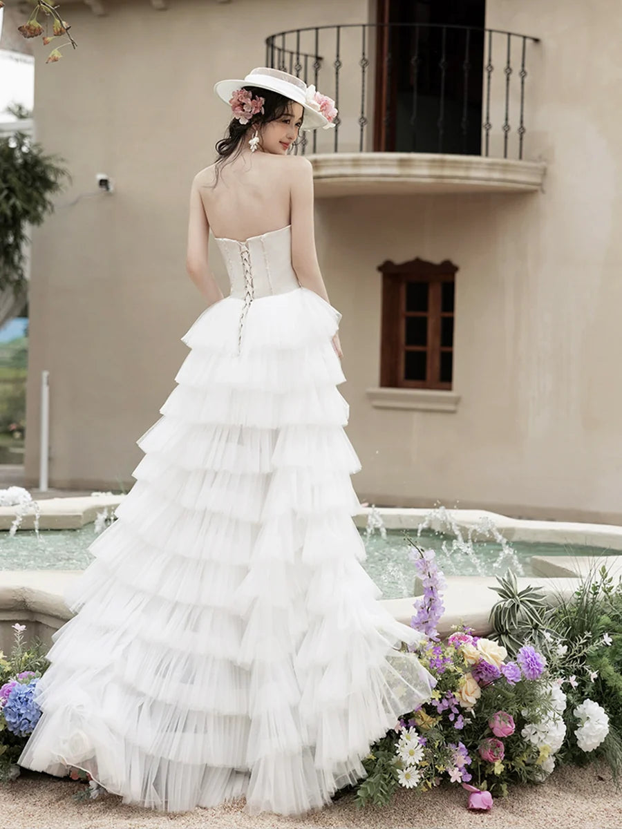 White A-Line High Low Lace-up Prom Dress Beautiful A-Line Strapless Party Dress With Train