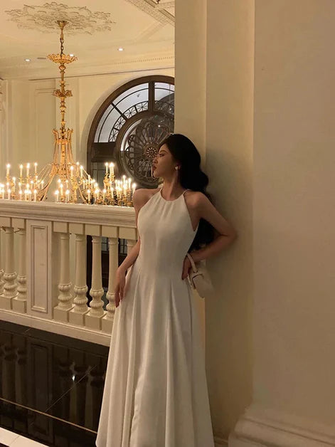 White A-line Chiffon Round Neck Halter Long Party Dress Wedding Party Dress