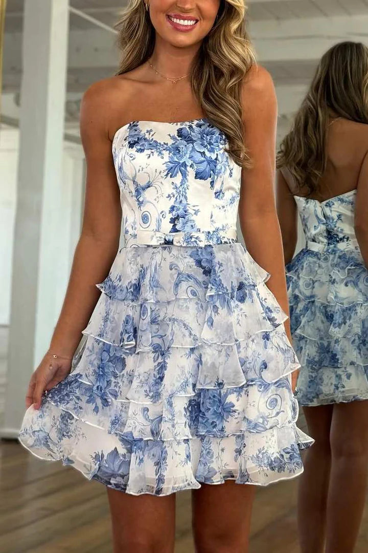 White And Blue Satin Chiffon Print Strapless Ruffles A-Line Sleeveless Short Homecoming Dress