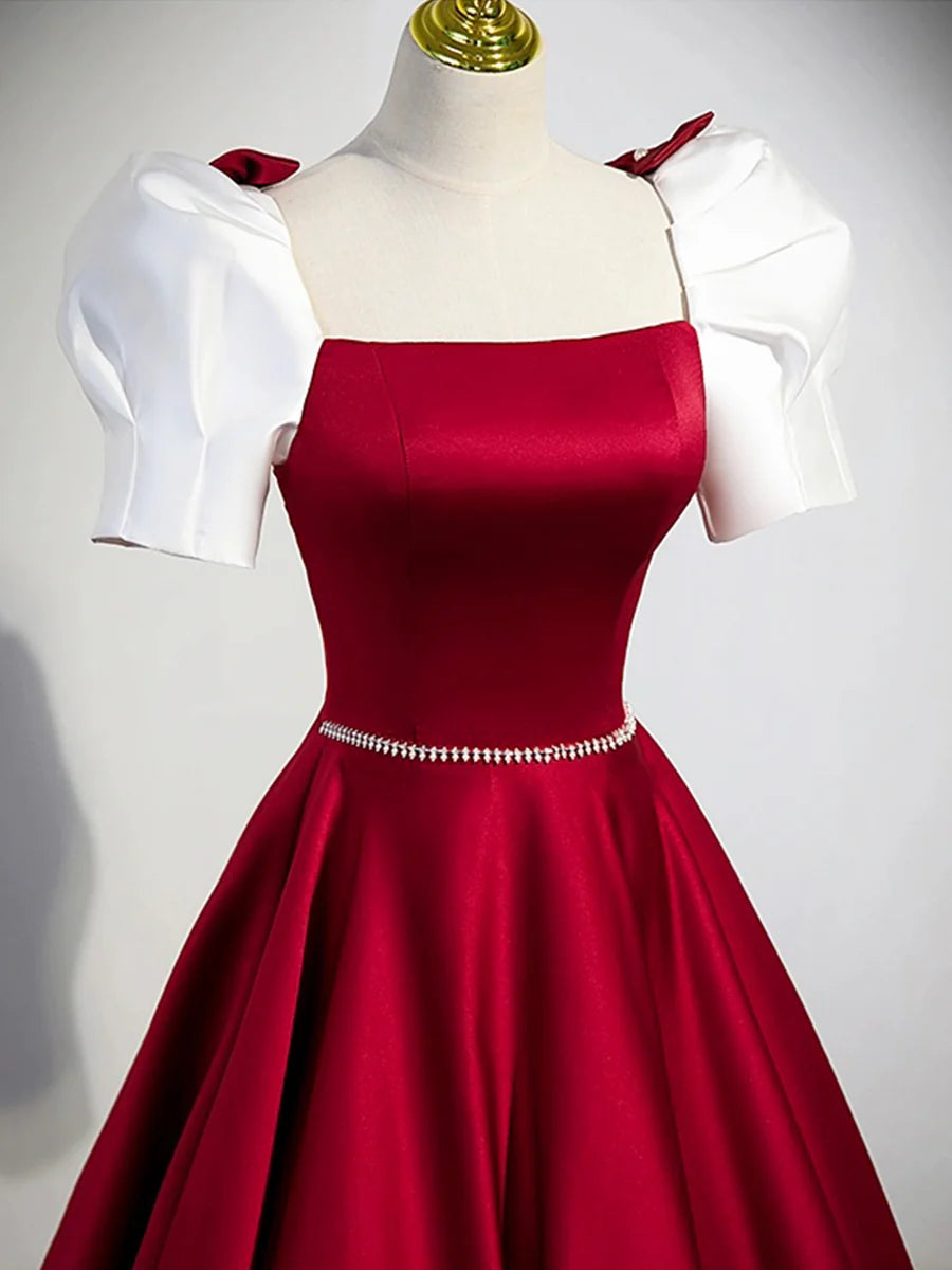 White And Burgundy Satin Square Neck Long Prom Dress Beautiful A-Line Short Sleeve Floor Length Evening Dress