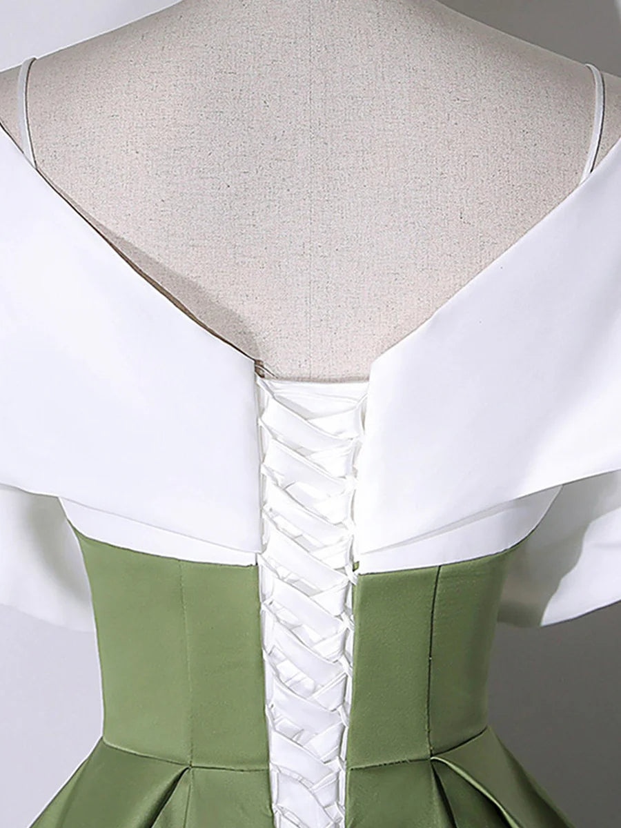 White And Green Satin Spaghetti Straps Floor Length Prom Dress V-Neck Off the Shoulder Evening Dress