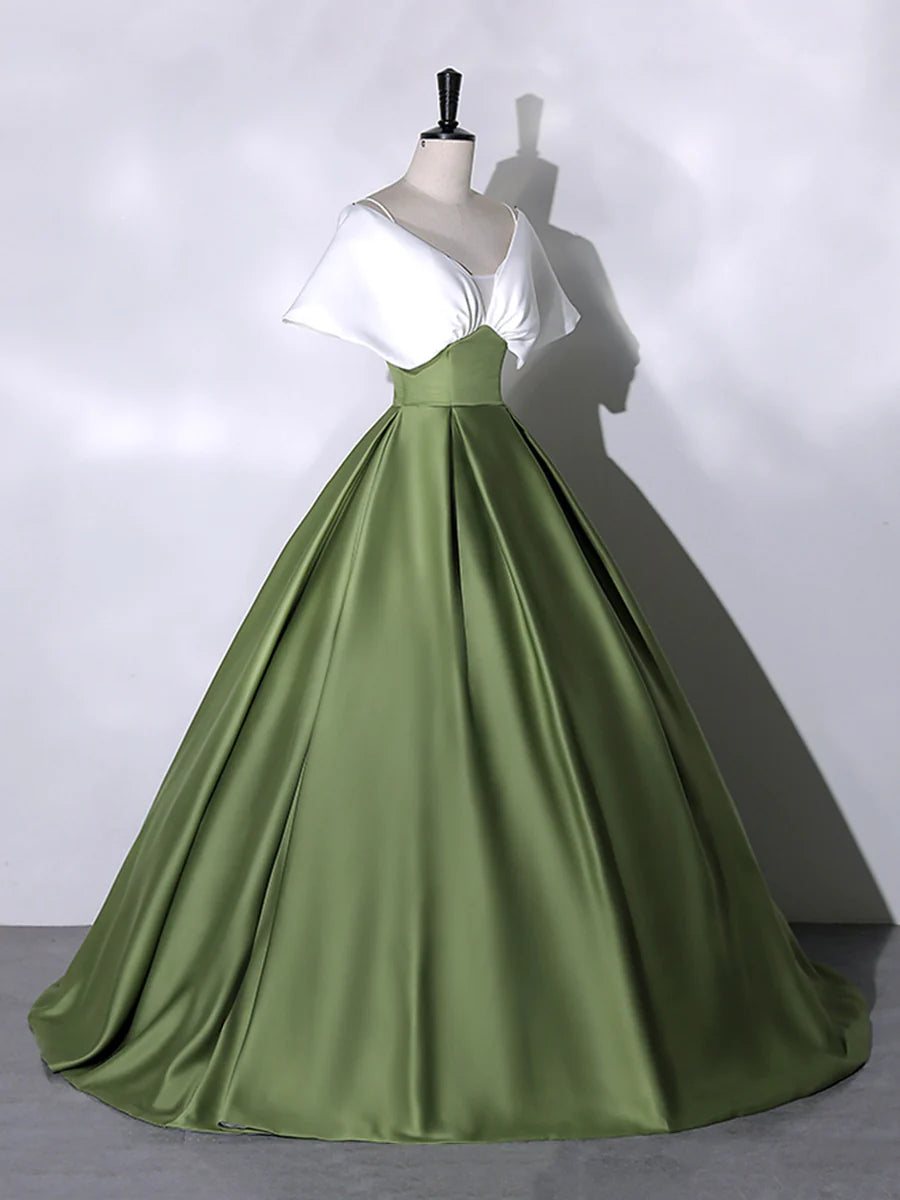 White And Green Satin Spaghetti Straps Floor Length Prom Dress V-Neck Off the Shoulder Evening Dress