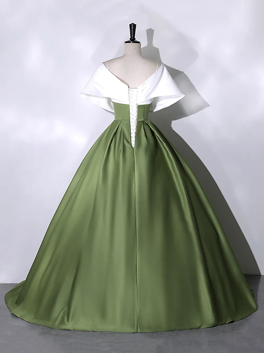 White And Green Satin Spaghetti Straps Floor Length Prom Dress V-Neck Off the Shoulder Evening Dress