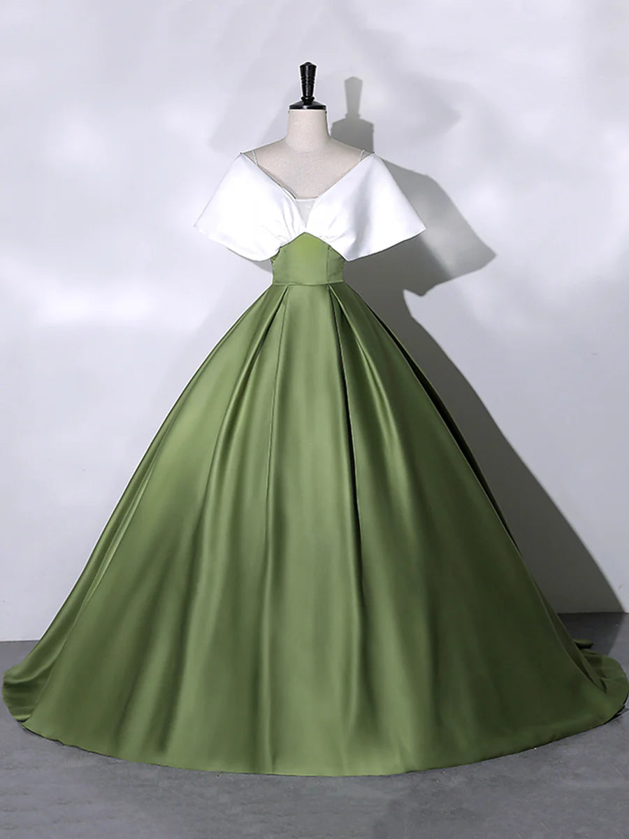 White And Green Satin Spaghetti Straps Floor Length Prom Dress V-Neck Off the Shoulder Evening Dress