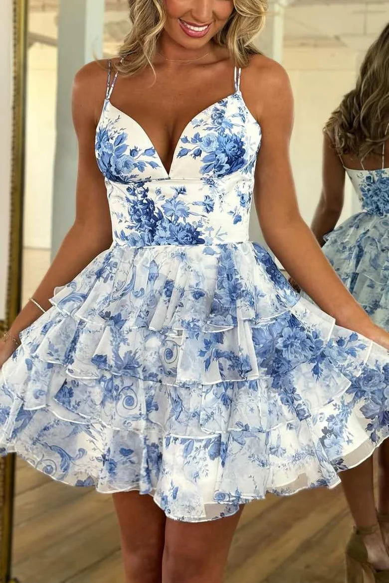 White Blue Chiffon Floral A-Line Spaghetti Straps V-Neck Ruffles Short Homecoming Dress