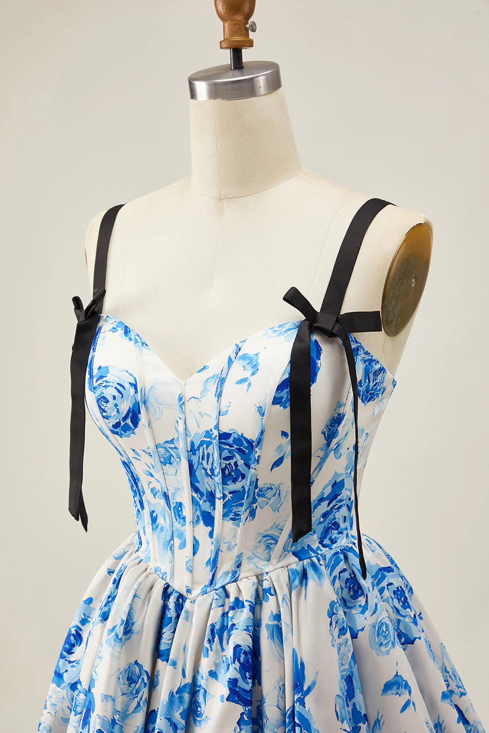 White Blue Floral Sweetheart Collar Corset A Line Short Homecoming Dress With Bow