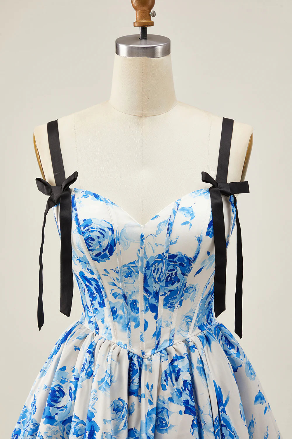 White Blue Floral Sweetheart Collar Corset A Line Short Homecoming Dress With Bow