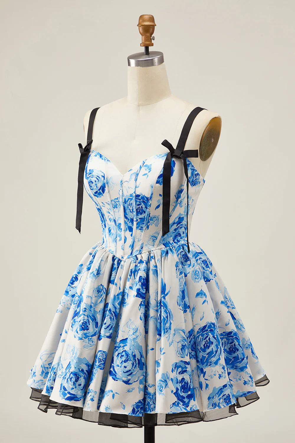 White Blue Floral Sweetheart Collar Corset A Line Short Homecoming Dress With Bow