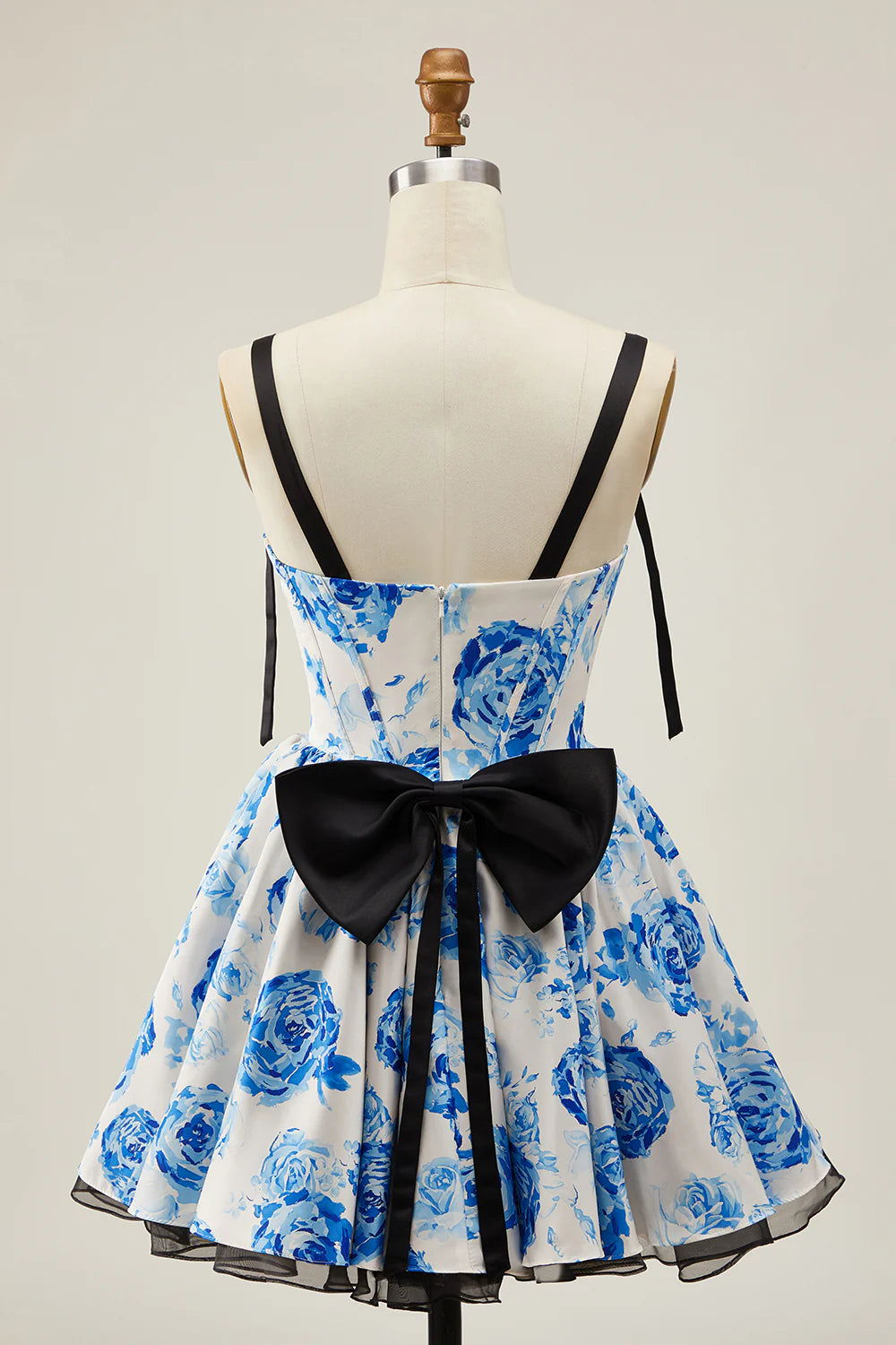 White Blue Floral Sweetheart Collar Corset A Line Short Homecoming Dress With Bow