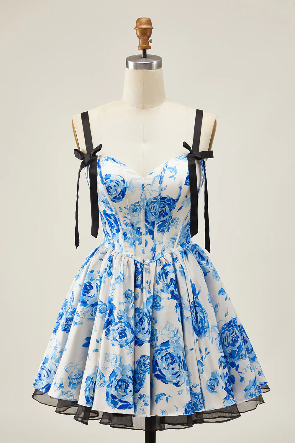 White Blue Floral Sweetheart Collar Corset A Line Short Homecoming Dress With Bow