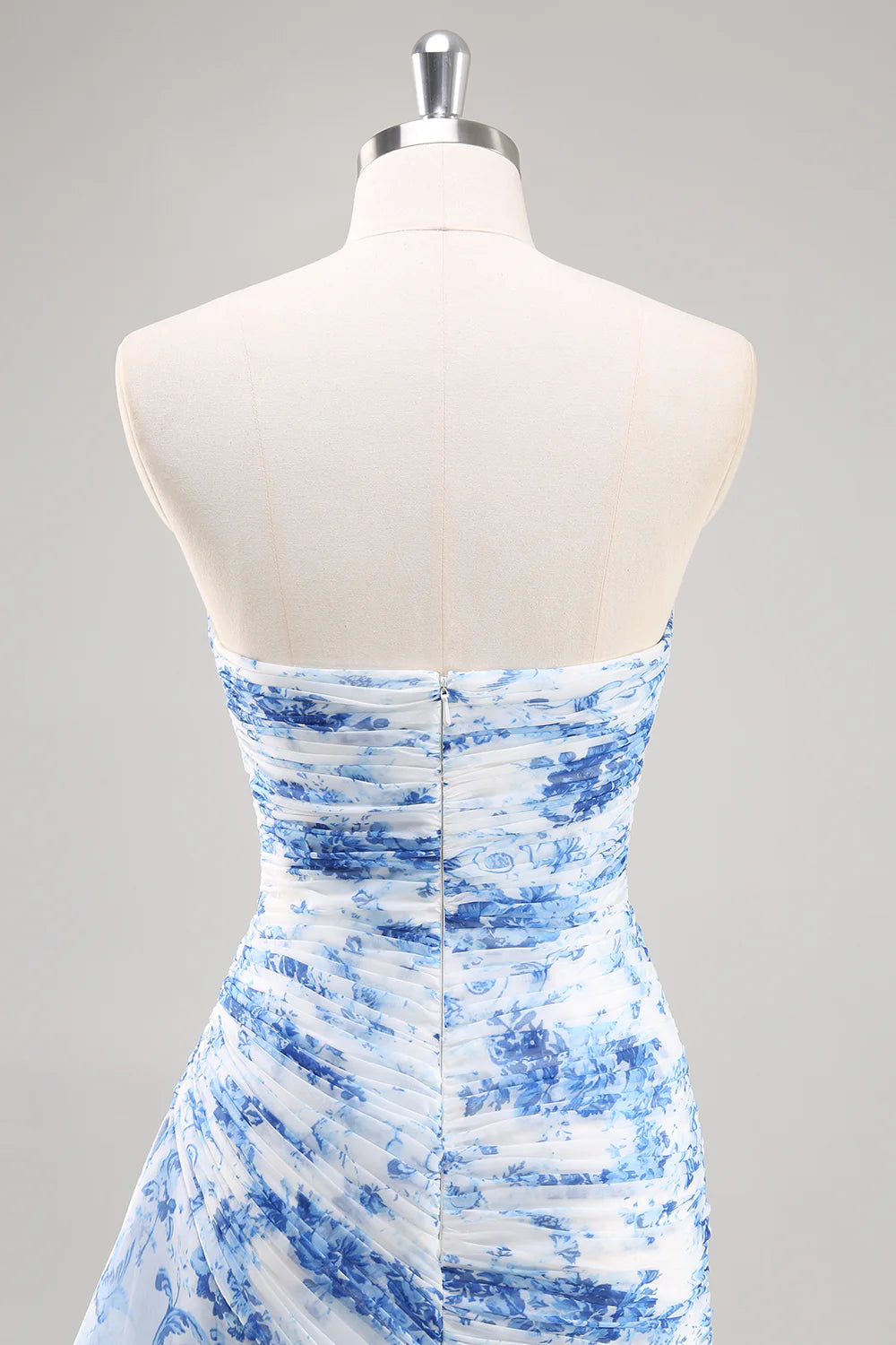 White Blue Floral Sweetheart Collar Strapless Mermaid Long Prom Dress With Asymmetrical Hem