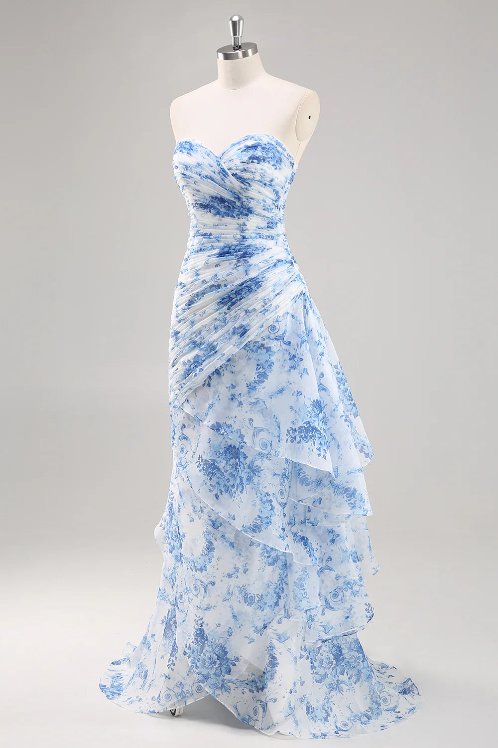 White Blue Floral Sweetheart Collar Strapless Mermaid Long Prom Dress With Asymmetrical Hem