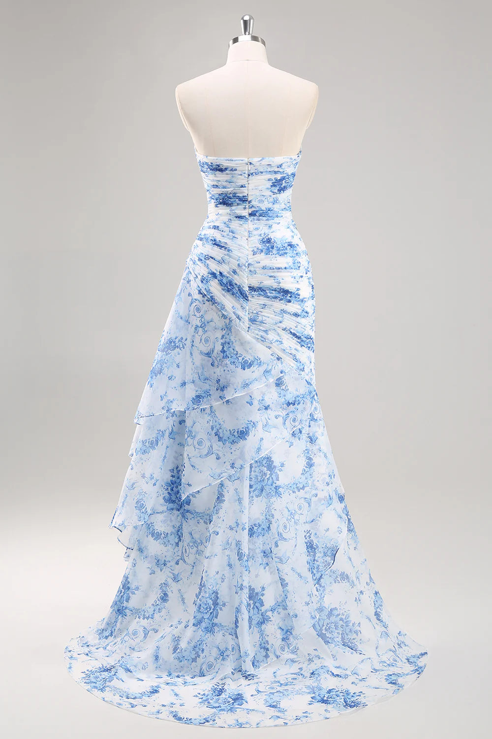 White Blue Floral Sweetheart Collar Strapless Mermaid Long Prom Dress With Asymmetrical Hem