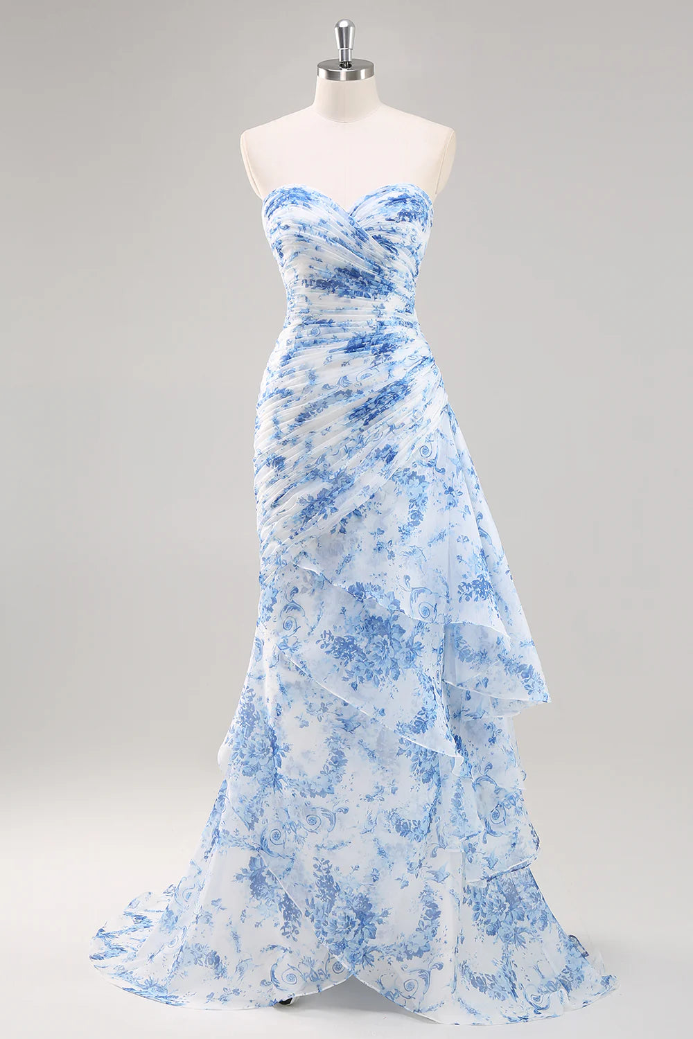 White Blue Floral Sweetheart Collar Strapless Mermaid Long Prom Dress With Asymmetrical Hem
