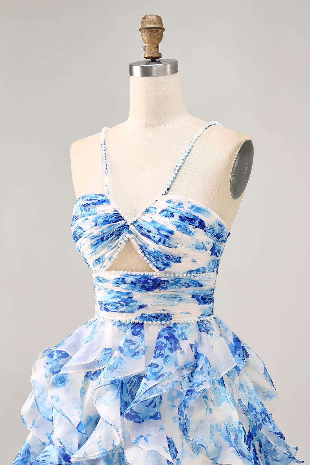 White Blue Flower Printed A Line Cut Out Halter Tiered Homecoming Dress With Beaded