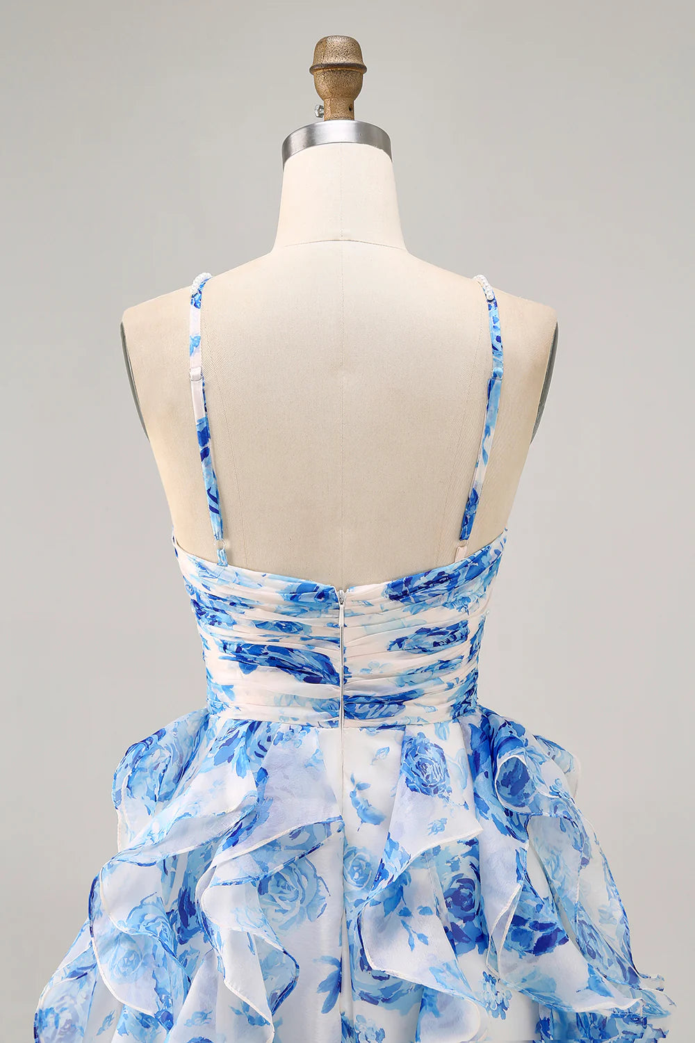 White Blue Flower Printed A Line Cut Out Halter Tiered Homecoming Dress With Beaded