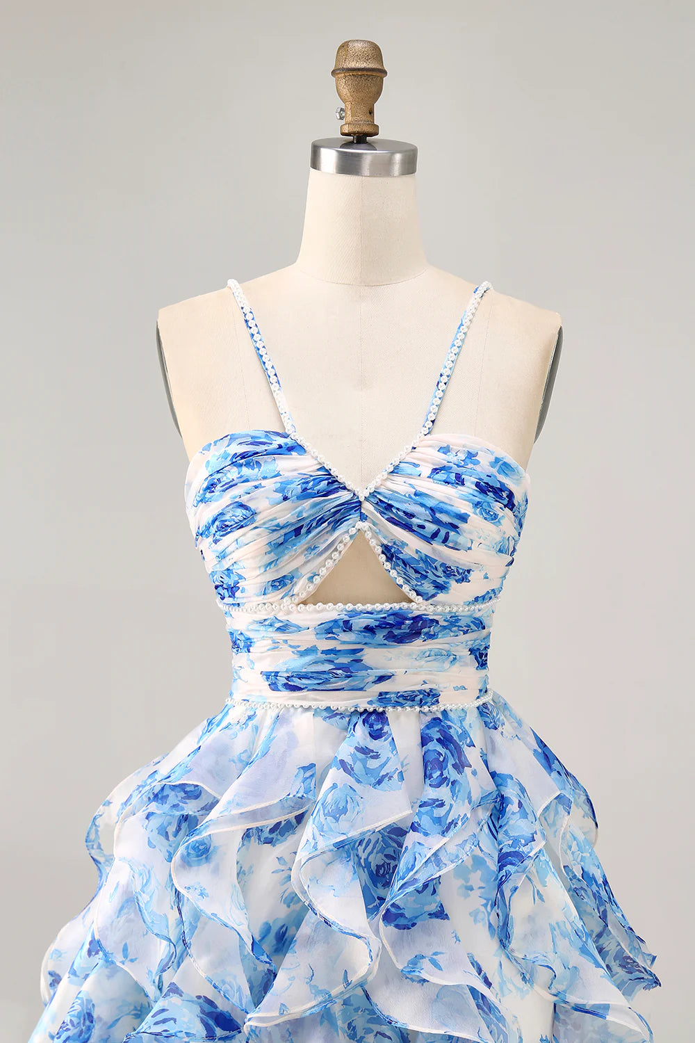 White Blue Flower Printed A Line Cut Out Halter Tiered Homecoming Dress With Beaded