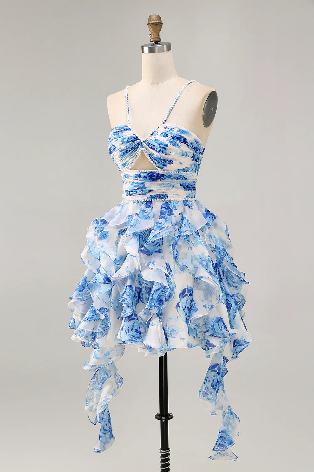 White Blue Flower Printed A Line Cut Out Halter Tiered Homecoming Dress With Beaded