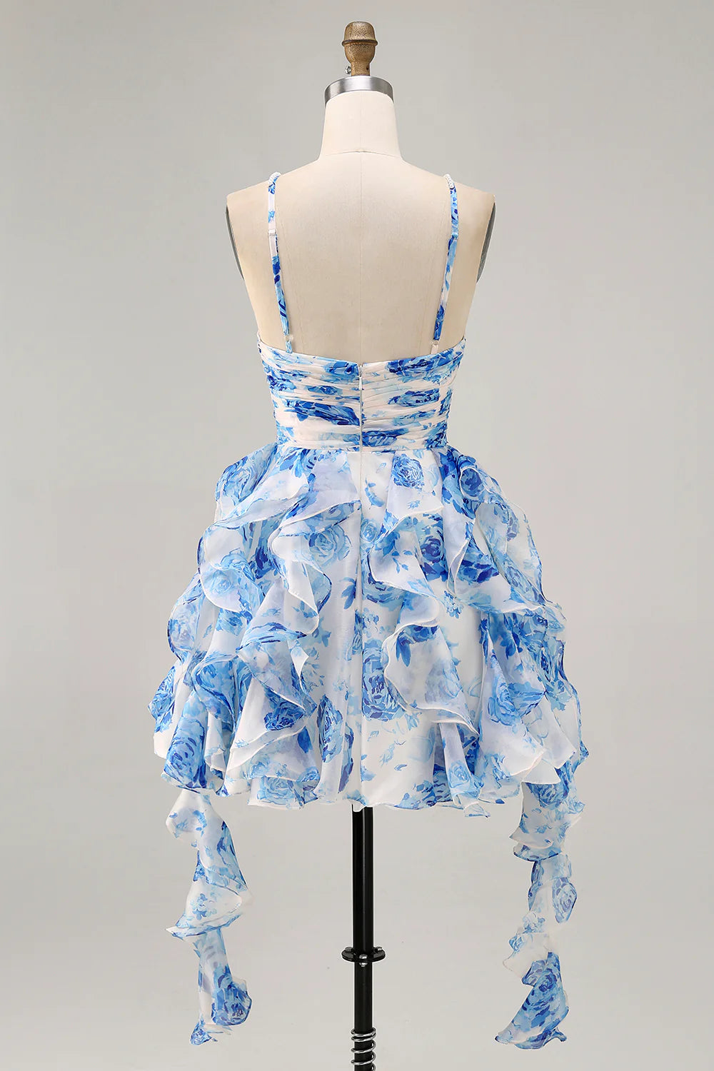White Blue Flower Printed A Line Cut Out Halter Tiered Homecoming Dress With Beaded