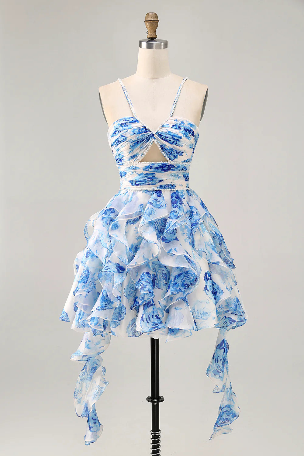 White Blue Flower Printed A Line Cut Out Halter Tiered Homecoming Dress With Beaded