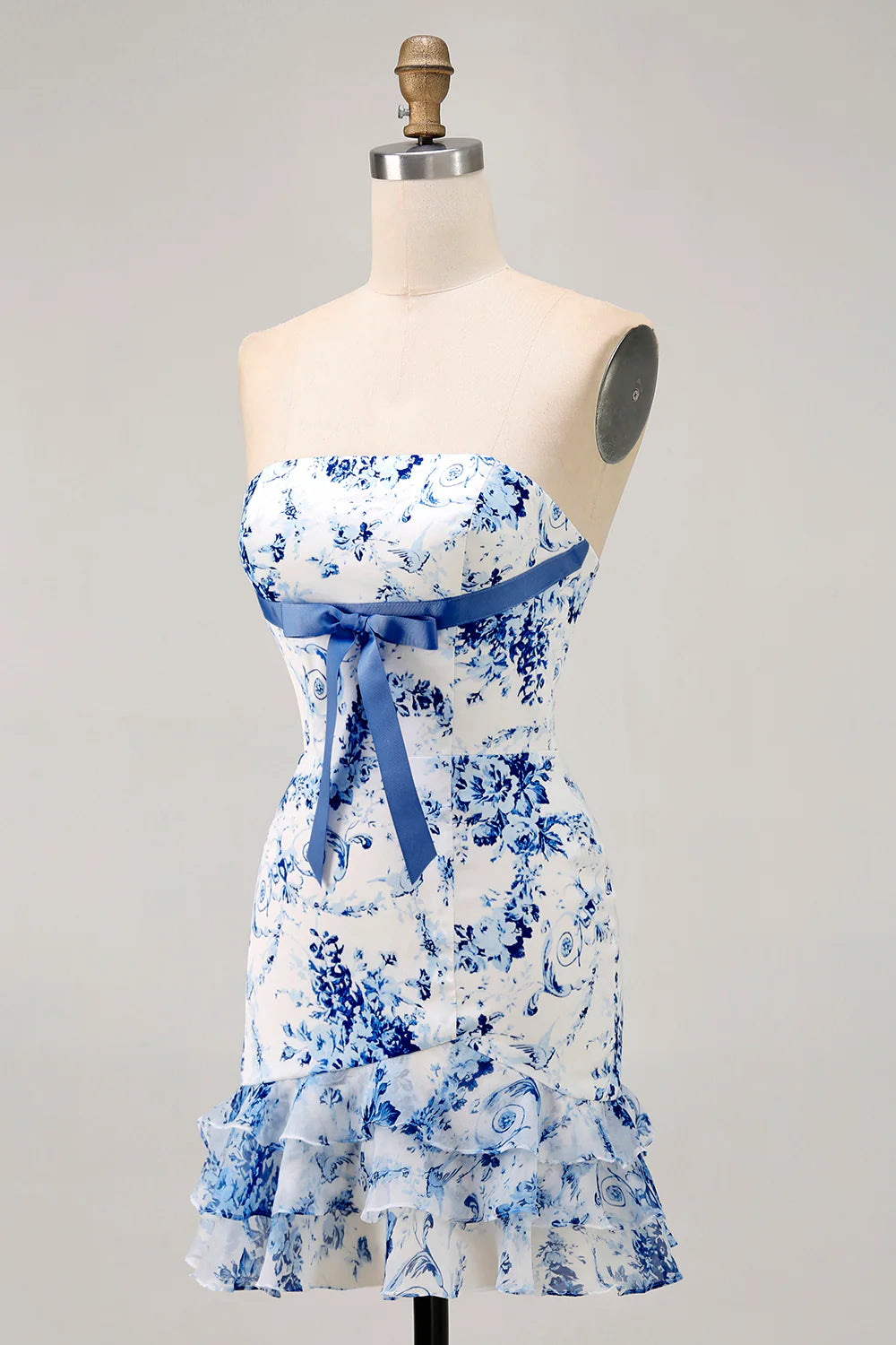 White Blue Flower Printed Bodycon Open Back Strapless Ruffles Short Homecoming Dress