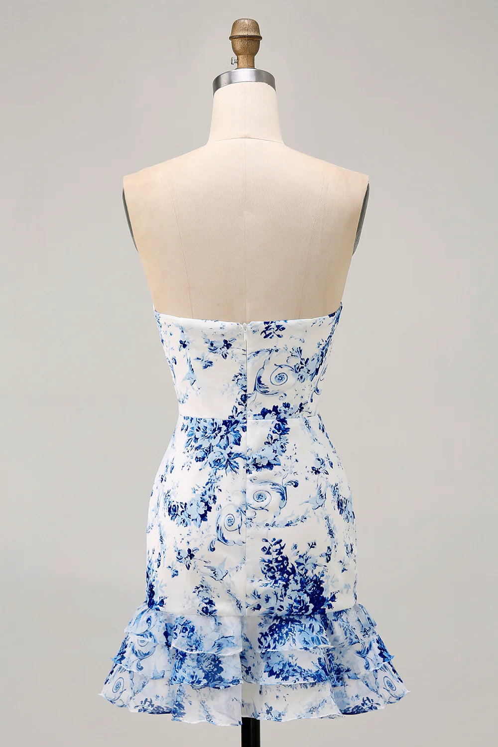 White Blue Flower Printed Bodycon Open Back Strapless Ruffles Short Homecoming Dress